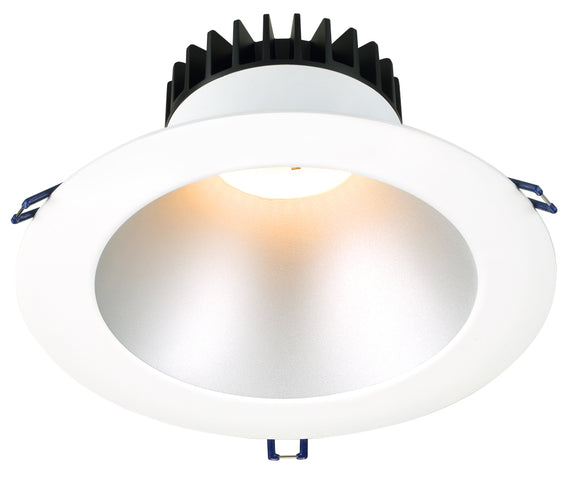 8 Inch Round Deep Regressed LED Downlight - High Output -30 Watt -Silver Reflector - White Trim - 3000 Kelvin - Trim - 38 Degree Beam Spread - 2700 Lumen - Type IC Air-Tight Wet Plenum ES CRI 90+