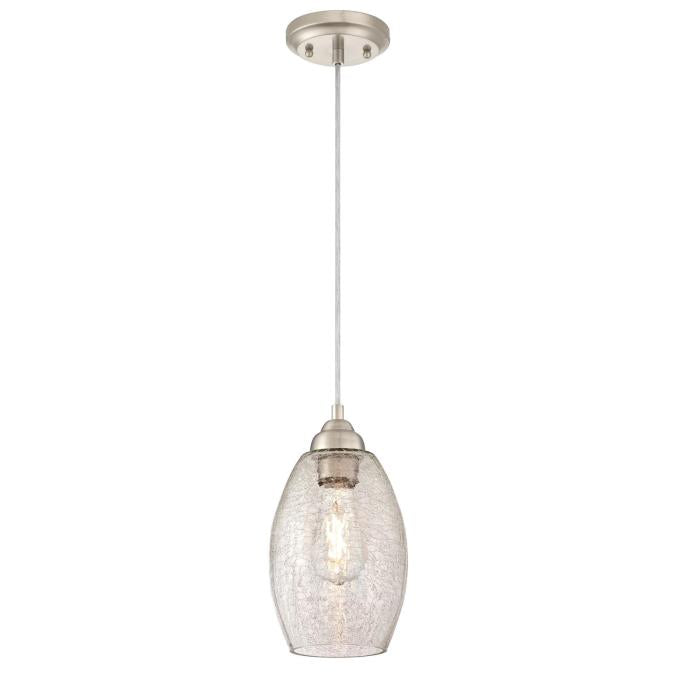 Westinghouse 6105700 One Light Mini Pendant Brushed Nickel Finish Clear Crackle Glass